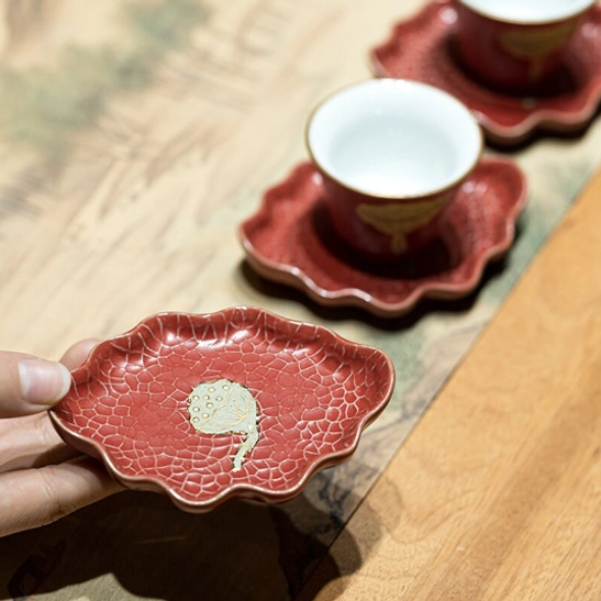 three different color options of ceramic lotus tea cup set