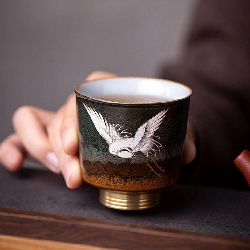 three color options of red crane chinese tea cups