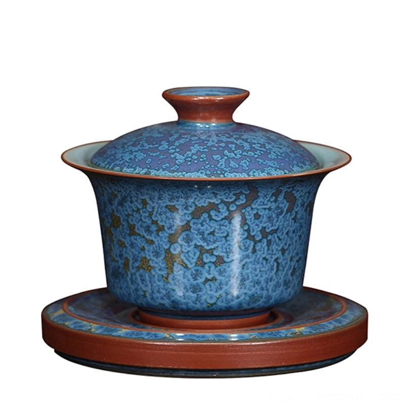 three piece blue jun kiln gaiwan separated to show individual parts