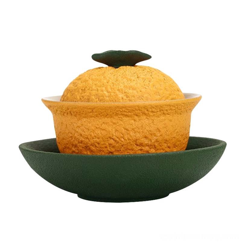 three-piece orange citrus ceramic gaiwan tea cup set view