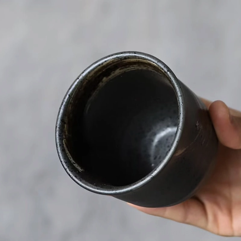 top view of black vintage japanese ceramic tea cup 170ml