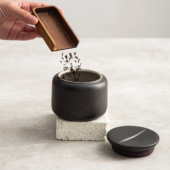 top view of closed ceramic tea storage canister