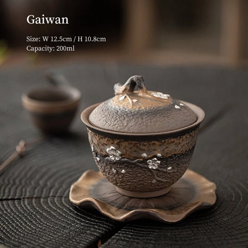 Top view of open 200ml plum blossom rustic ceramic gaiwan tea cup