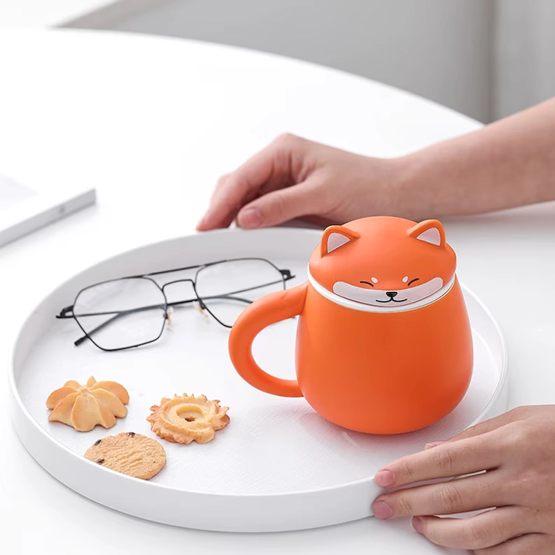 Top view of Shiba Inu tea infuser mug with infuser inside the mug