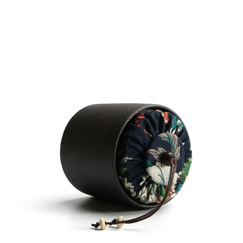 top view of fabric lid with wood bead drawstring for tea canister