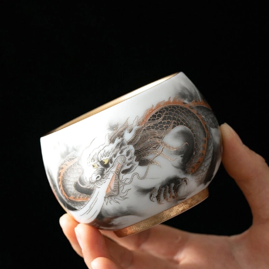 Full view of traditional Chinese dragon pattern ceramic gongfu tea cup