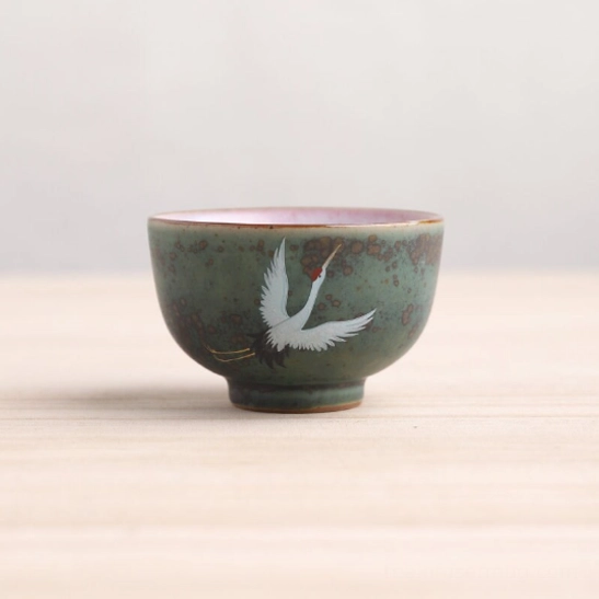 Style B green speckled ceramic Chinese gongfu tea cup close up