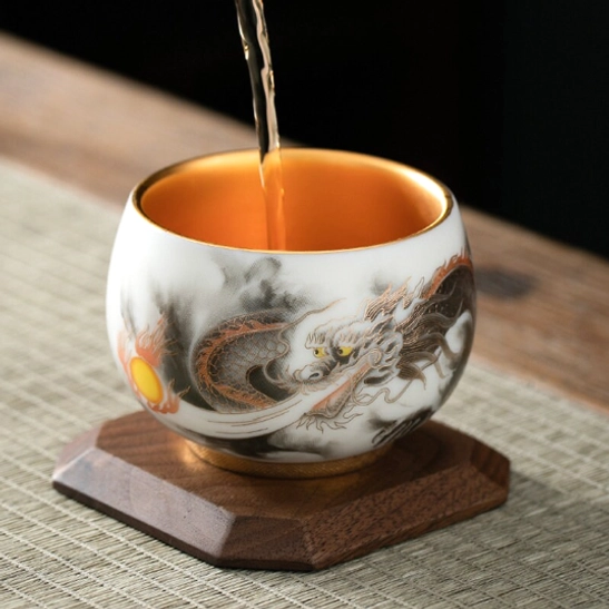 Full view of traditional Chinese phoenix pattern ceramic gongfu tea cup