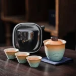 Full 200ml travel tea set with carry case open showing teapot and three teacups