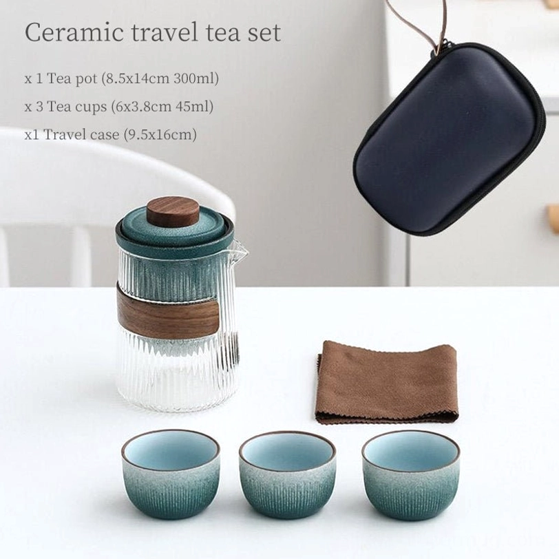 complete assembled blue green ceramic and glass travel tea set with carrying bag