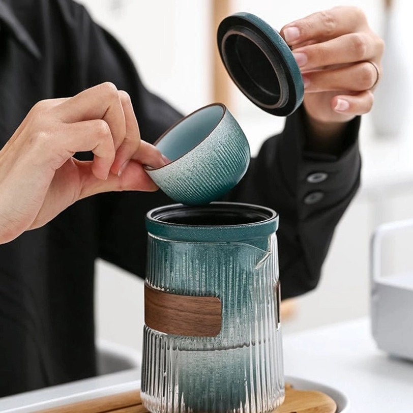 300ml glass teapot with wood grip and ceramic lid for travel tea set