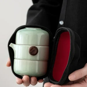 hand held travel tea set in black protective carrying case