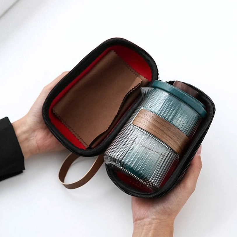 compact navy blue carrying bag for travel tea set packed closed