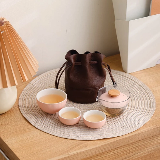 faux leather drawstring carrying bag for travel tea set