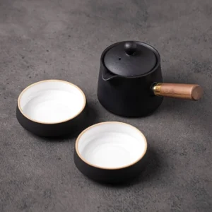 full assembled 190ml black ceramic travel tea set with removable wooden handle