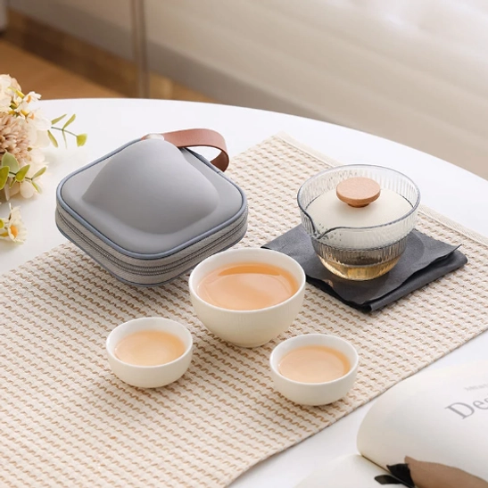 glass gaiwan from travel tea set showing built-in filter holes