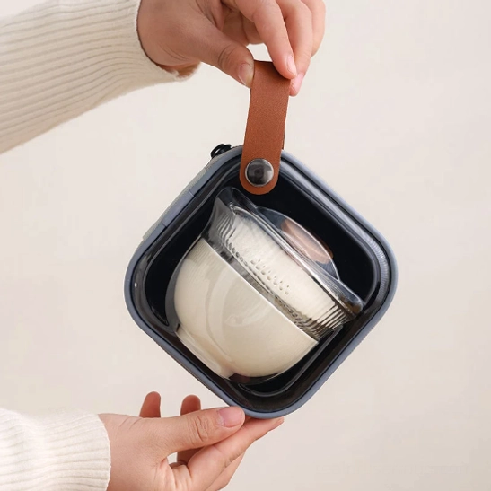 portable travel tea set nested inside carry bag for storage