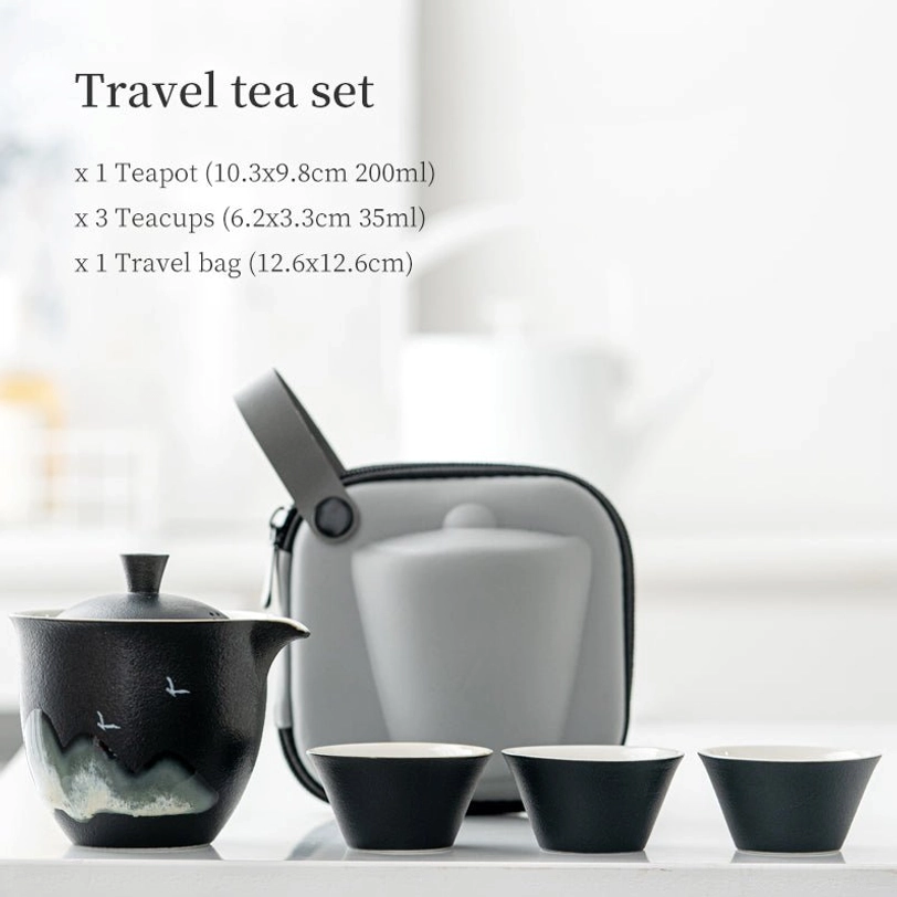 travel tea set taken out of carrying case showing teapot and three teacups