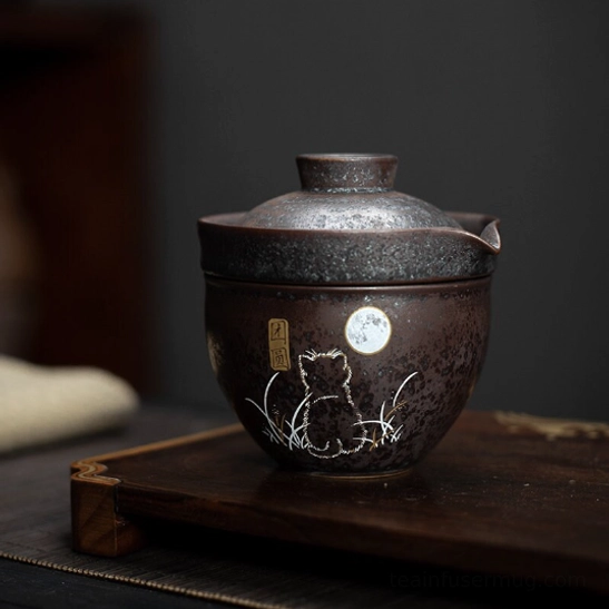 Unboxed gaiwan teapot and drinking cup of the cat design travel tea set