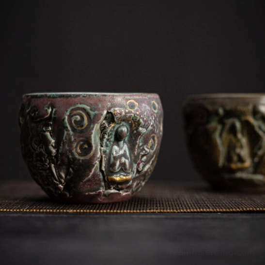 Unique kiln change glaze vintage Buddha tea cup full view