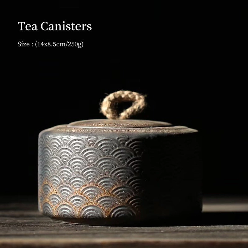 side view showing embossed wave texture of ceramic tea storage canister
