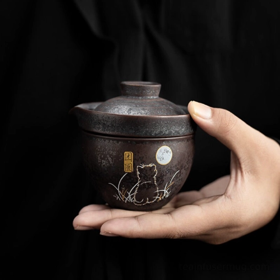 Dark brown vintage ceramic gaiwan teapot with cat moon pattern for travel tea set