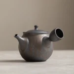 full view of 280ml vintage dark grey ceramic kyusu teapot with infuser