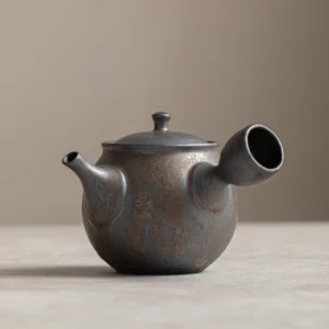 full view of 280ml vintage dark grey ceramic kyusu teapot with infuser