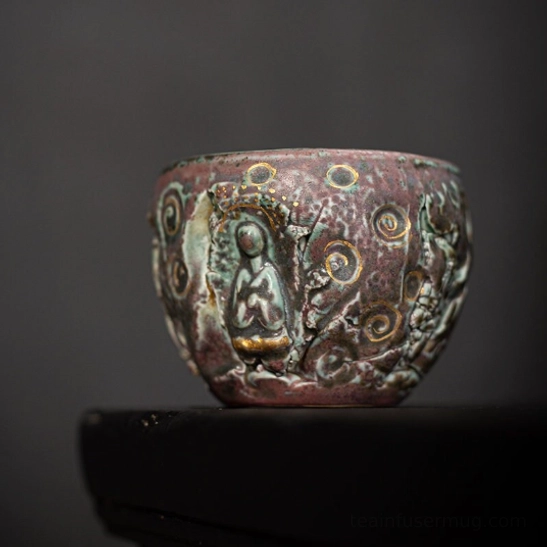 Vintage Chinese ceramic Buddha tea cup 140ml side profile with relief design