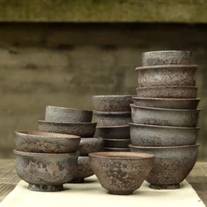 collection of vintage chinese rustic clay tea cups