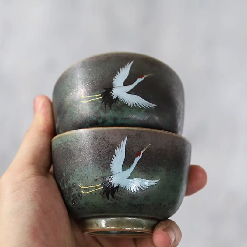 bottom view of vintage chinese ceramic crane tea cup