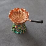 full set view vintage chinese lotus copper tea strainer with enamel holder