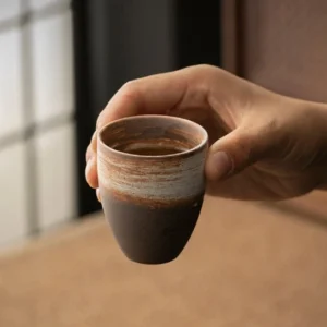 Side view of 100ml vintage Japanese clay tea cup showing natural texture