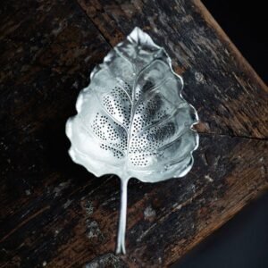 vintage leaf shape metal tea strainer full view silver finish