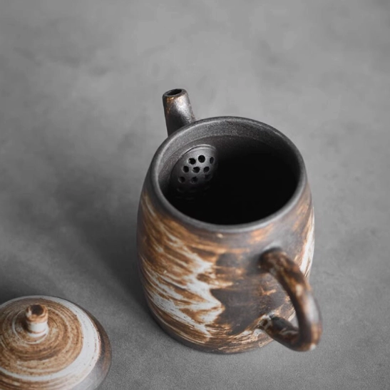 close up of built-in infuser filter inside wabi-sabi ceramic teapot
