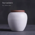 full view white ceramic tea canister with wooden lid