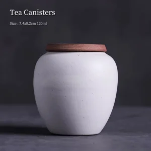 full view white ceramic tea canister with wooden lid