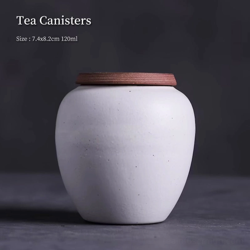 full view white ceramic tea canister with wooden lid