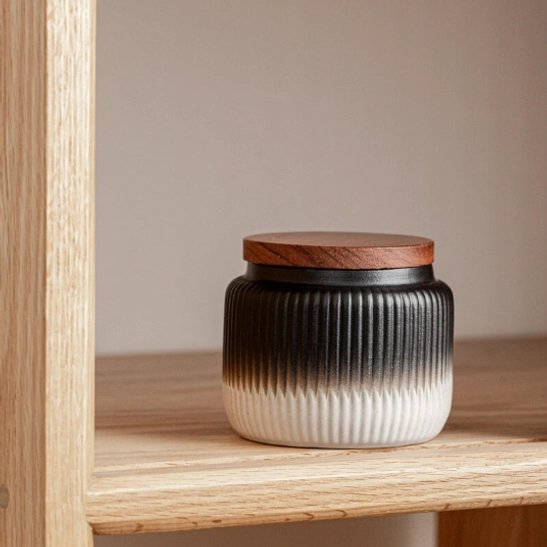 white ceramic airtight tea storage canister with natural wood lid