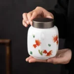600ml white ceramic matcha tea storage canister with red koi fish pattern