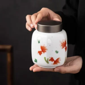 600ml white ceramic matcha tea storage canister with red koi fish pattern