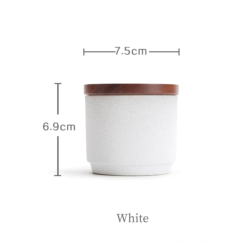 White matte ceramic tea storage canister with wood lid size comparison