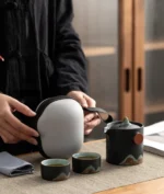 complete white ceramic travel tea set with travel bag