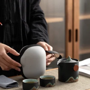 complete white ceramic travel tea set with travel bag