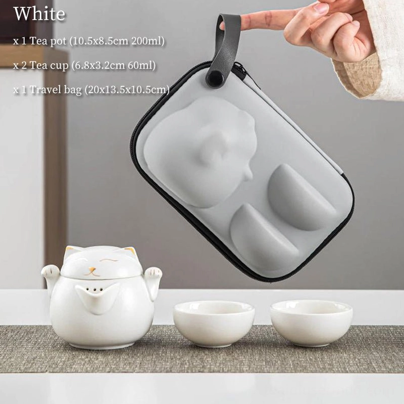 white color variant lucky cat ceramic travel tea set