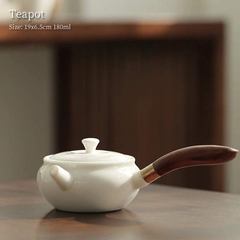 full side view of 180ml white porcelain kyusu teapot with wooden side handle