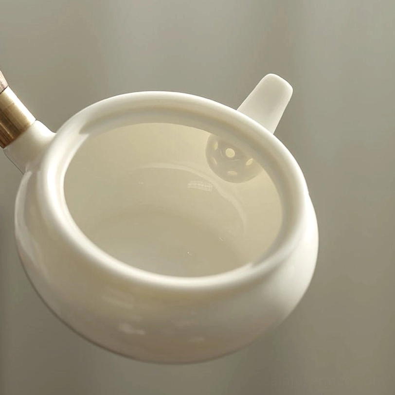 top view of 180ml white porcelain kyusu teapot showing lid and opening