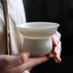 Handcrafted white porcelain tea strainer with matching drip tray full set