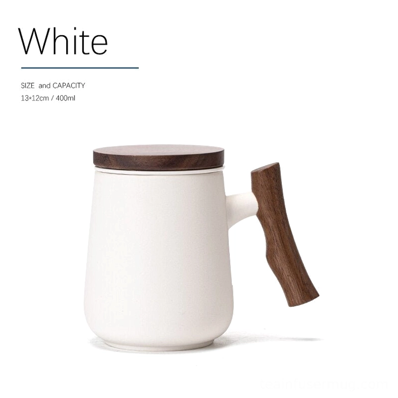 white color variant of ceramic tea infuser mug with wooden handle