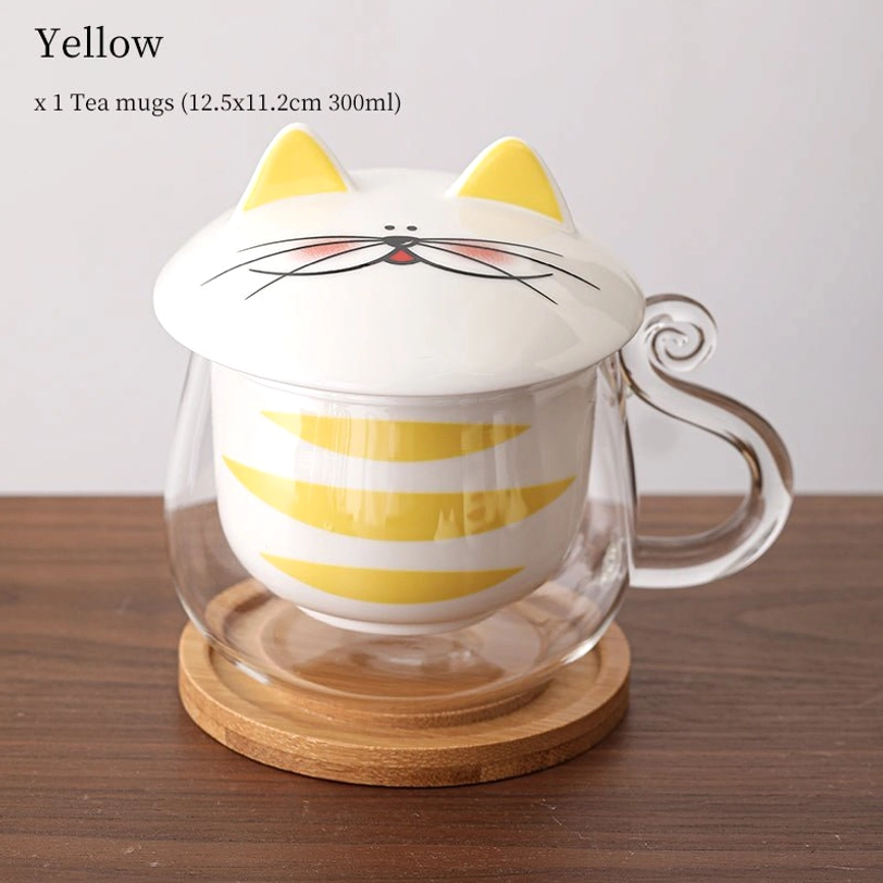 yellow cat glass tea infuser mug full set with infuser lid and coaster